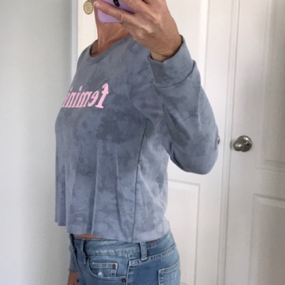 Grey ‘FEMINIST’ Cropped, Long Sleeve Top - Picture 6 of 7